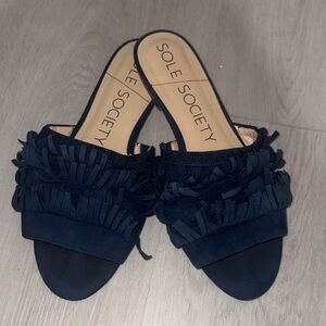 Sole Society Women's Dark Blue Fringe Mules